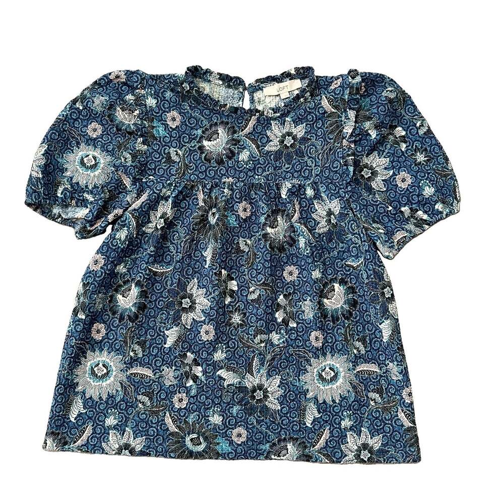 LOFT Women’s Floral Top Blouse Size Large Short Sleeve Round Neck Blue Pink Boho